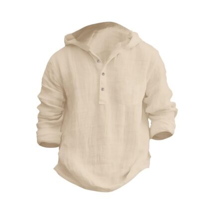 Beige Teen Boys Cotton Long Sleeve Henley Shirt with Pocket