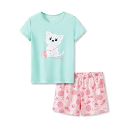 Green & Pink Cat Girls 2-Piece Cotton Blend Pajama Set