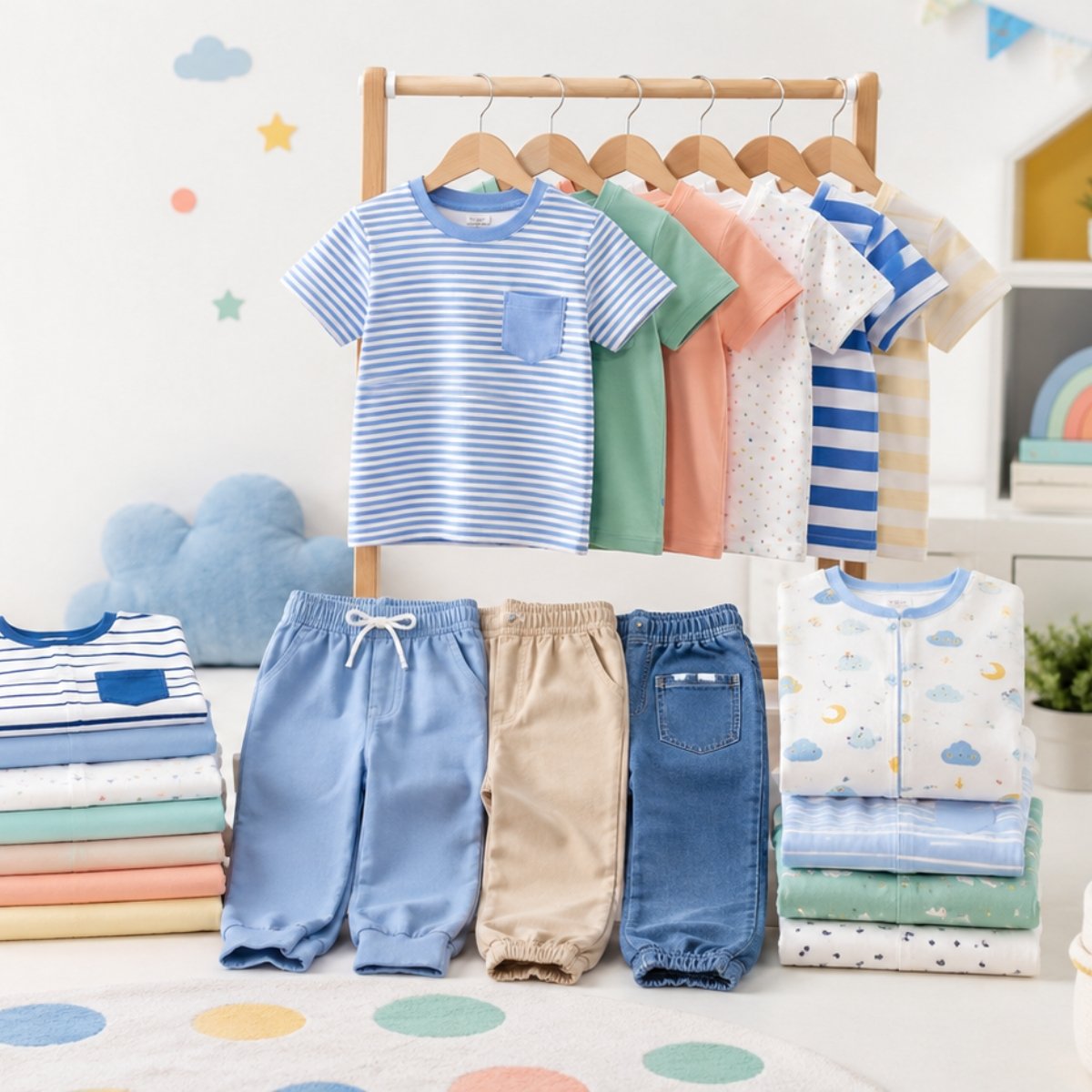 Growzeuig kids clothing collection with t-shirts, pants, and sleepwear